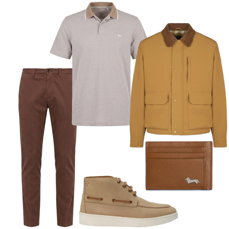 Outfit uomo - Sabato. Stile Trendy per Tutti i giorni. Abbinamento con portafogli, polo, pantaloni chino, stivali e stivaletti, piumini.