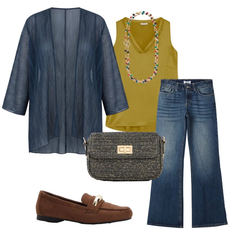 Outfit donna - Total look #2389717. Stile Casual chic per Tutti i giorni. Abbinamento con mocassini, borse a tracolla, jeans, top, blazer, collane.
