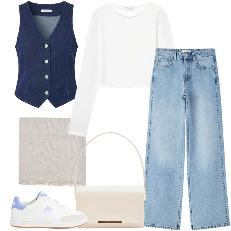 Outfit donna - Total look #2389718. Stile Casual chic per Tutti i giorni. Abbinamento con sneakers, t-shirt, gilet, jeans dritti, pochette, sciarpe.