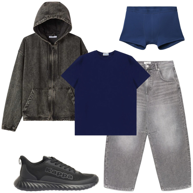 Outfit uomo - Total look #2389719. Stile Urban per Tutti i giorni. Abbinamento con sneakers, boxer, cappotti, jeans, t-shirt.