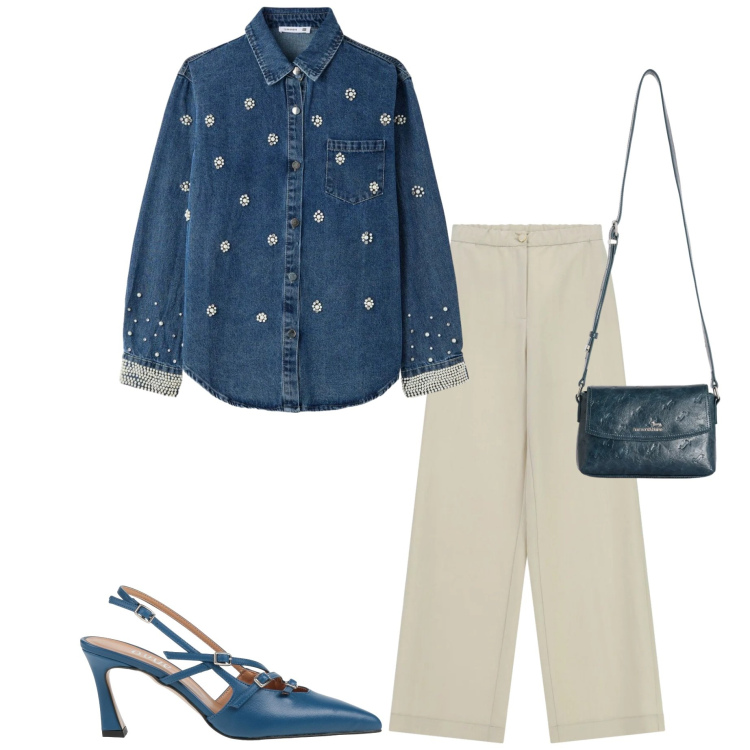 Outfit donna - Camicia jeans e strass. Stile Casual chic per Serata fuori. Abbinamento con décolleté, camicie, borse a tracolla, pantaloni a palazzo.