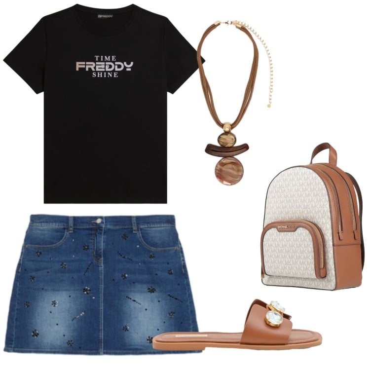 Outfit donna - Tutti i giorni. Stile Casual per Tutti i giorni. Abbinamento con zaini, sandali gioiello, ciondoli, minigonne, t-shirt.