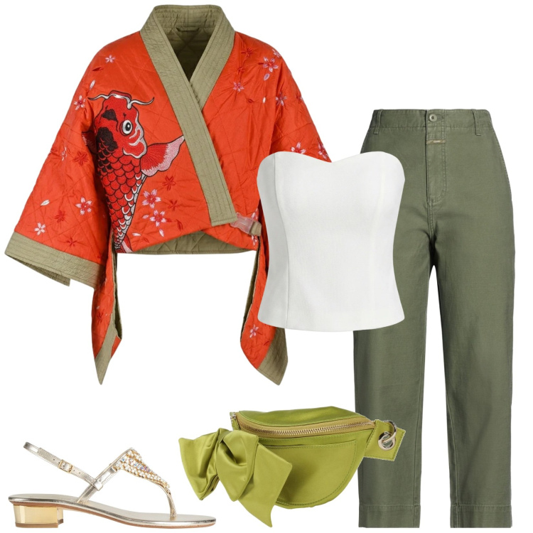 Outfit donna - Total look #2389743. Stile Etnico per Serata fuori. Abbinamento con marsupi, pantaloni, infradito, top, kimono.