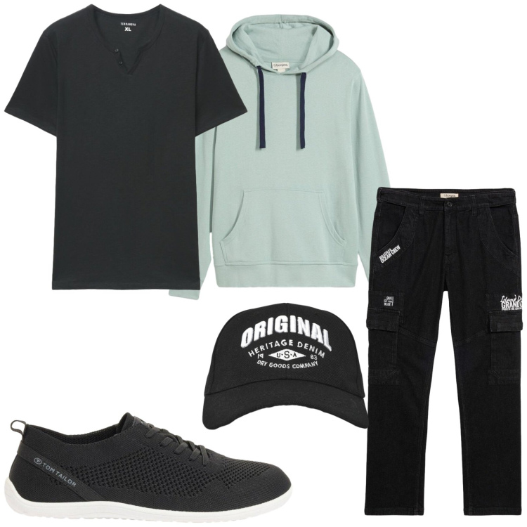 Outfit uomo - Rilassato. Stile Casual per Tutti i giorni. Abbinamento con pantaloni cargo, sneakers, felpe con cappuccio, cappelli con visiera, t-shirt.