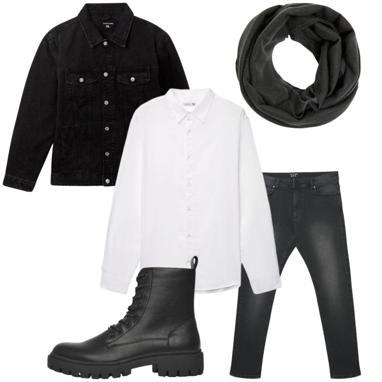 Outfit uomo - Bianco e nero. Stile Casual per Tutti i giorni. Abbinamento con sciarpe, cappotti, anfibi, camicie, jeans skinny.