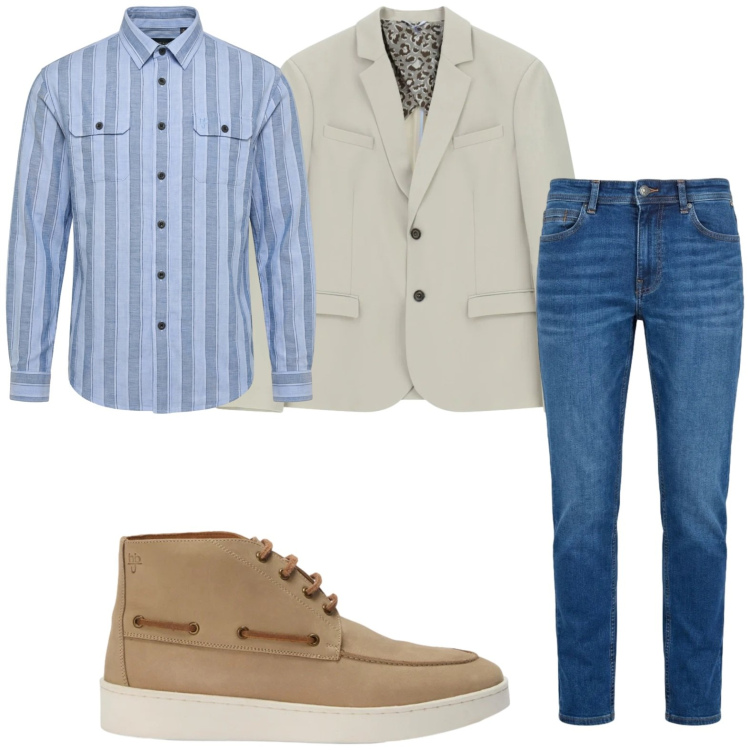 Outfit uomo - Classico jeans. Stile Casual per Ufficio. Abbinamento con giacche, camicie, stivali e stivaletti, jeans.