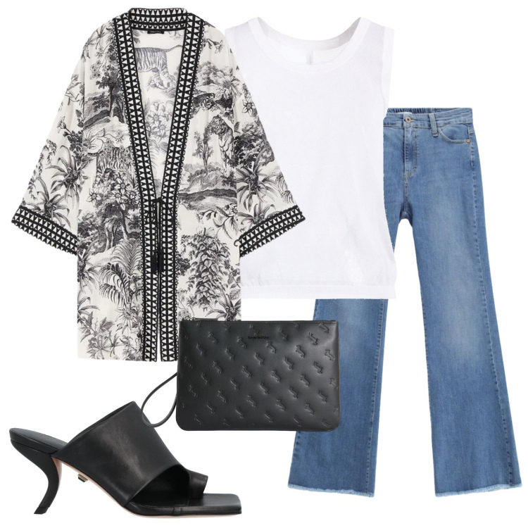 Outfit donna - Total look con kimono. Stile Glamour per Tutti i giorni. Abbinamento con ciabatte, top, caftani, jeans, anelli.