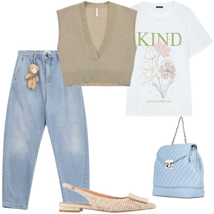 Outfit donna - In città. Stile Casual per Tutti i giorni. Abbinamento con zaini, ballerine, t-shirt, jeans, top.