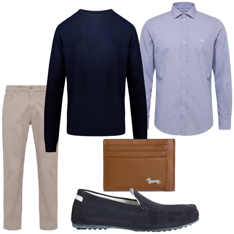 Outfit uomo - Colori equilibrati. Stile Casual per Ufficio. Abbinamento con scarpe stringate, portafogli, pantaloni, camicie, maglieria.