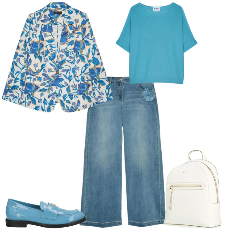 Outfit donna - Casual chic ufficio tempo libero. Stile Casual chic per Tutti i giorni. Abbinamento con mocassini, zaini, jeans, blazer, t-shirt.