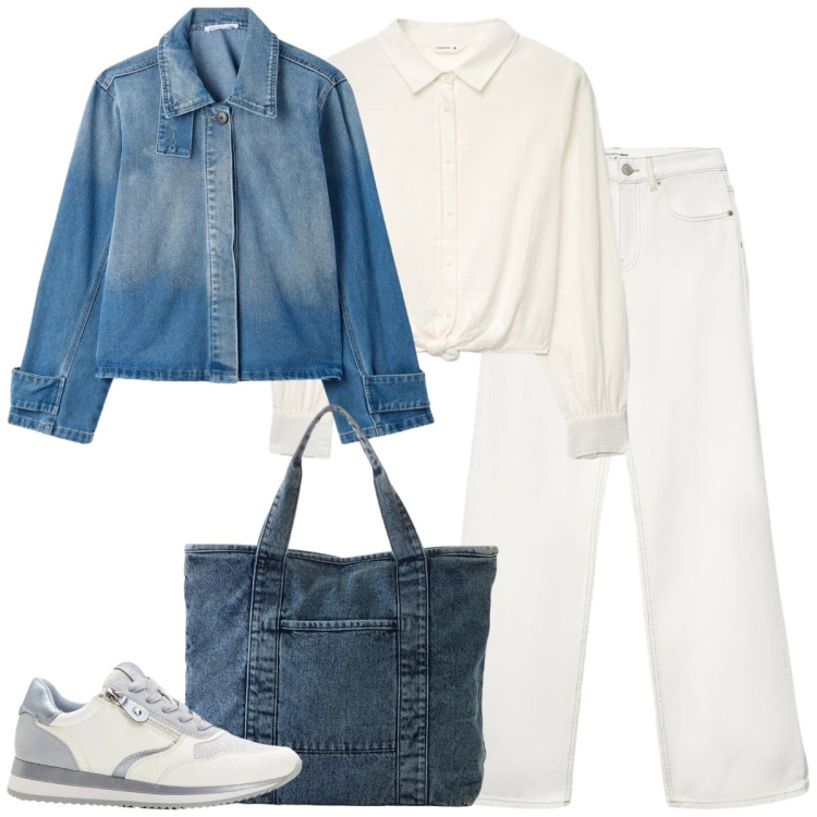 Outfit donna - Total look #2389767. Stile Casual chic per Tutti i giorni. Abbinamento con shopping bag, sneakers, jeans, camicie, cappotti.