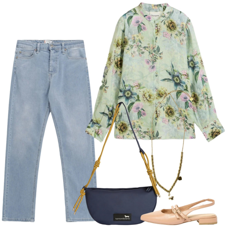 Outfit donna - Blusa e jeans. Stile Casual per Tutti i giorni. Abbinamento con ballerine, bluse, borse a tracolla, jeans, ciondoli.