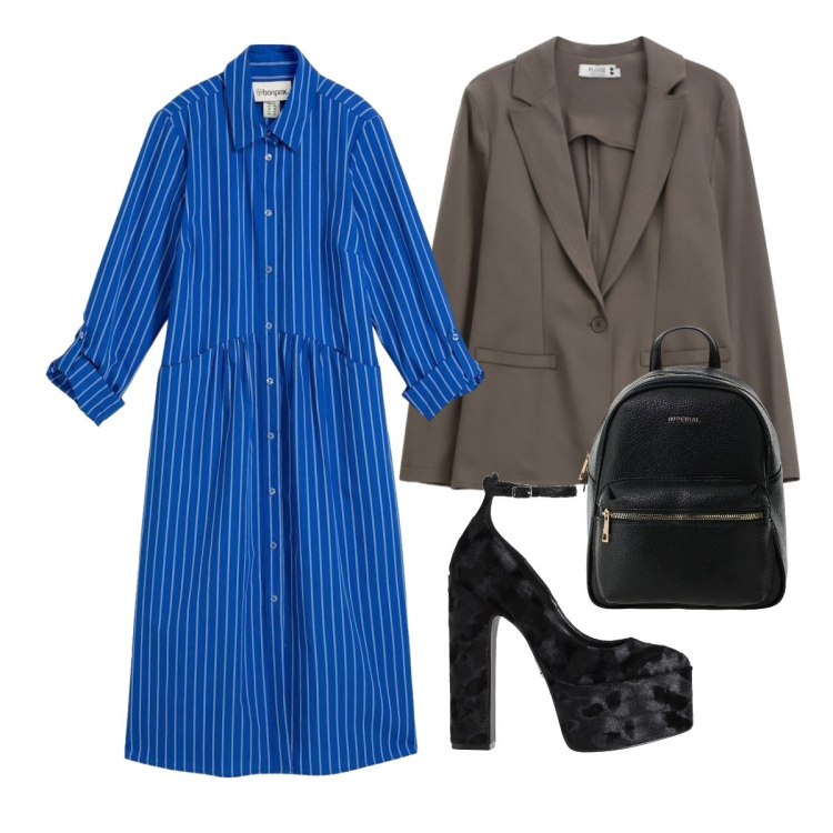 Outfit donna - Righe e velluto. Stile Casual chic per Ufficio. Abbinamento con décolleté, vestiti midi/longuette, zaini, blazer.