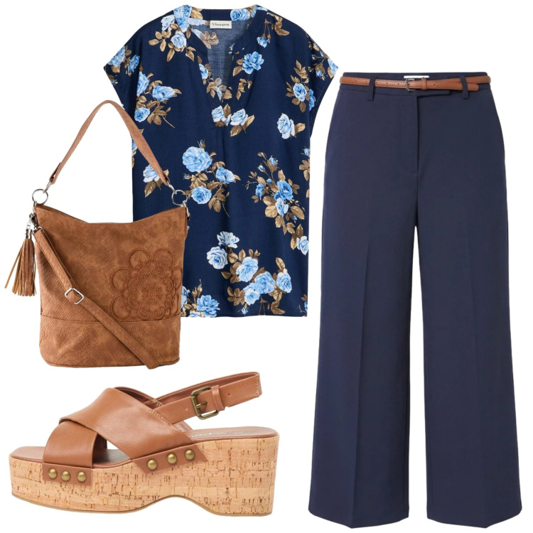 Outfit donna - Total look #2389770. Stile Romantica per Ufficio. Abbinamento con bluse, zeppe, borse a mano, pantaloni culotte.