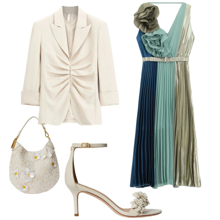 Outfit donna - Colori del mare. Stile Glamour per Cerimonia. Abbinamento con blazer, vestiti asimmetrici, sandali in pelle, pochette.