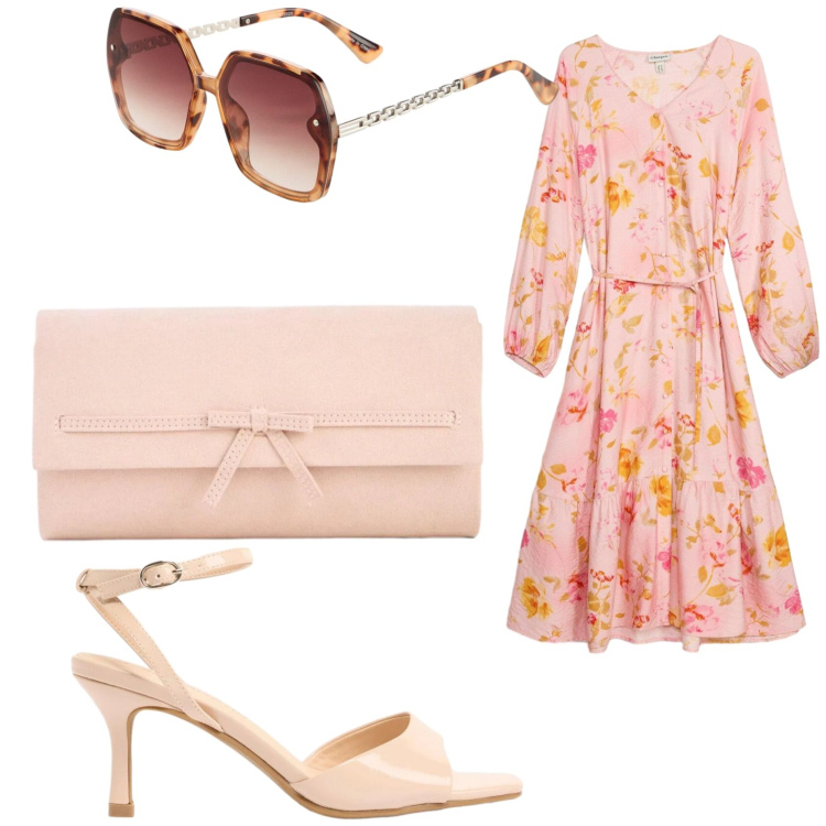 Outfit donna - Stile chic bucolico. Stile Romantica per Tutti i giorni. Abbinamento con vestiti midi/longuette, pochette, occhiali da sole, sandali col tacco.