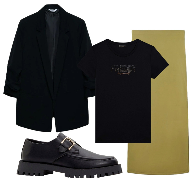 Outfit donna - Total look #2389785. Stile Urban per Ufficio. Abbinamento con mocassini, blazer, gonne lunghe, t-shirt.