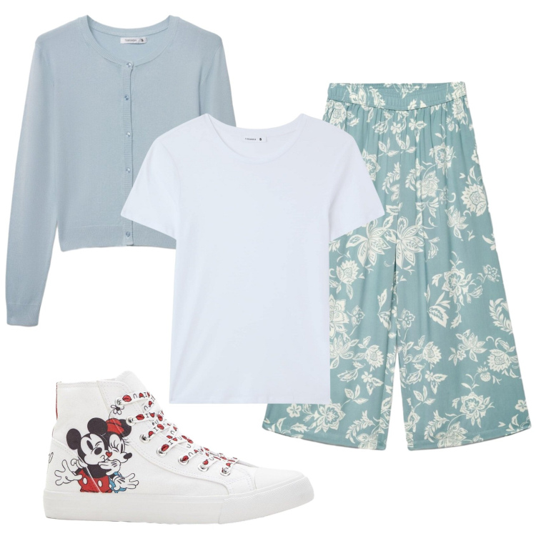 Outfit donna - Total look #2389790. Stile Casual per Tutti i giorni. Abbinamento con sneakers alte, t-shirt, cardigans, pantaloni a palazzo.