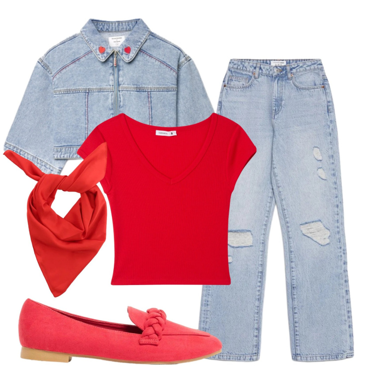 Outfit donna - Total look #2389792. Stile Basic per Tutti i giorni. Abbinamento con mocassini, jeans strappati, t-shirt, cappotti, foulard.