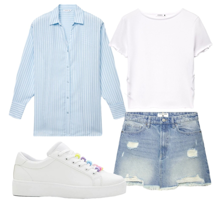 Outfit donna - Total look #2389798. Stile Trendy per Scuola/Università. Abbinamento con sneakers, t-shirt, camicie, minigonne.