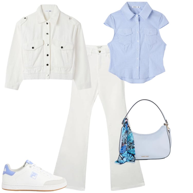 Outfit donna - Sporty chic ogni giorno. Stile Sporty chic per Tutti i giorni. Abbinamento con borse a mano, sneakers, camicie a manica corta, jeans a zampa, cappotti.