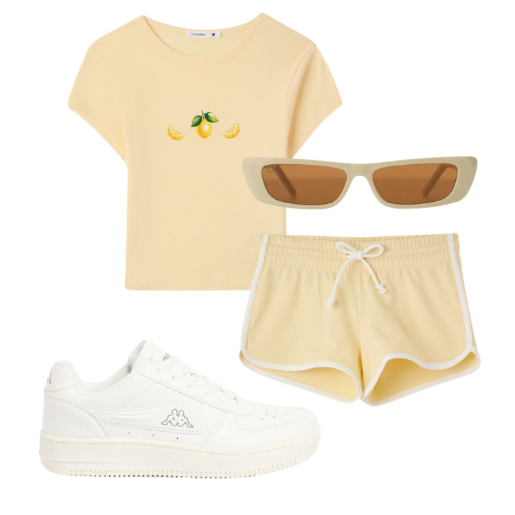 Outfit donna - Total look #2389808. Stile Sporty chic per Tutti i giorni. Abbinamento con sneakers, shorts, t-shirt, occhiali da sole.