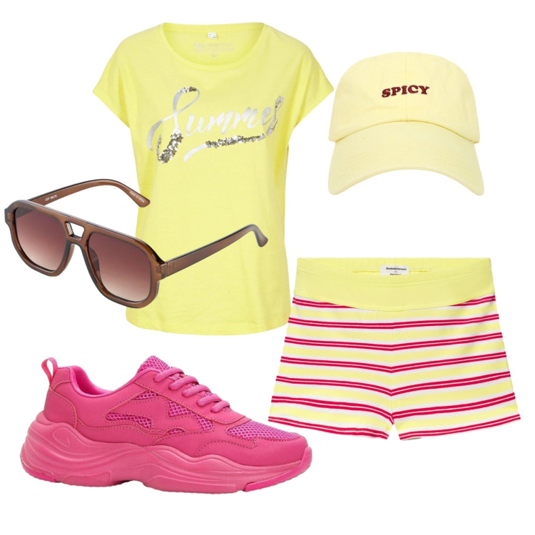 Outfit donna - Total look #2389810. Stile Sporty chic per Tutti i giorni. Abbinamento con maglieria, sneakers, occhiali da sole, cappelli con visiera, shorts.
