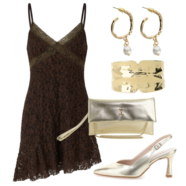 Outfit donna - Stagione delle cerimonie. Stile Glamour per Cerimonia. Abbinamento con vestiti corti, borse a tracolla, braccialetti, orecchini, décolleté.