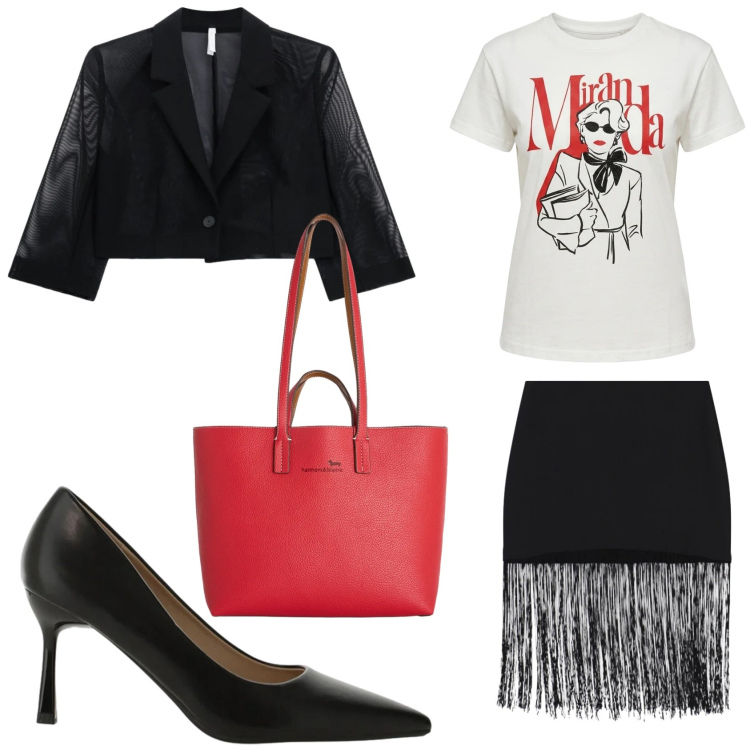 Outfit donna - Trendy per il Diavolo Veste Prada. Stile Glamour per Serata fuori. Abbinamento con décolleté, blazer, minigonne, t-shirt, shopping bag.