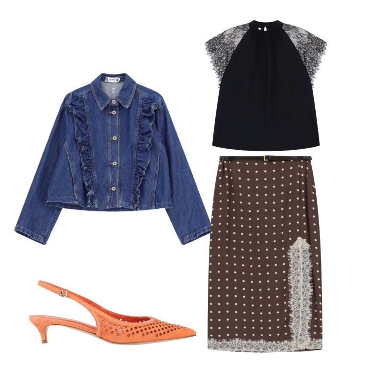 Outfit donna - Pois e rouches. Stile Casual chic per Tutti i giorni. Abbinamento con décolleté, gonne lunghe, top, blazer.