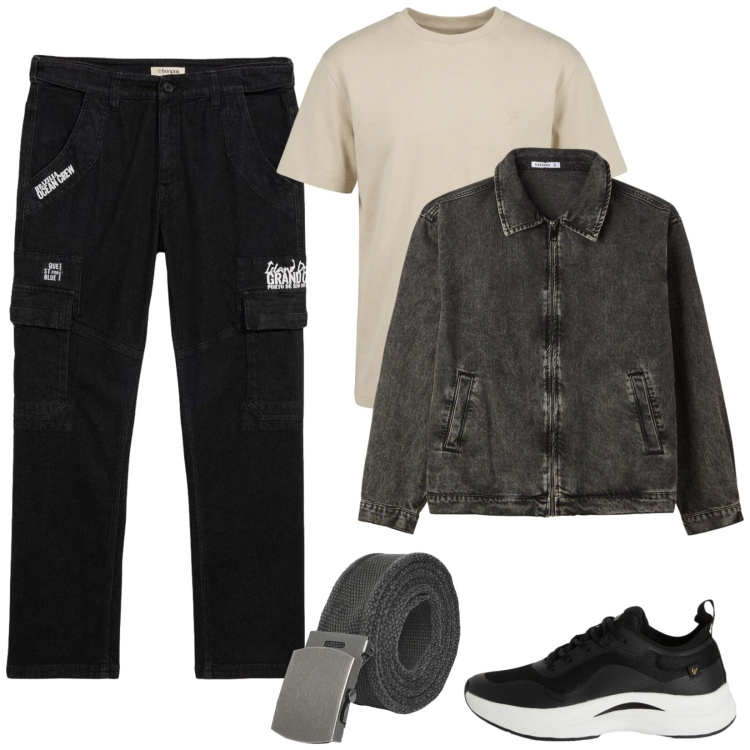 Outfit uomo - T-shirt e giacca. Stile Casual per Tutti i giorni. Abbinamento con pantaloni cargo, cinture, cappotti, t-shirt, sneakers.