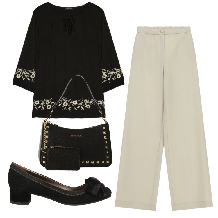 Outfit donna - Total look #2389821. Stile Bon Ton per Serata fuori. Abbinamento con décolleté, bluse, pantaloni a palazzo, borse a spalla.