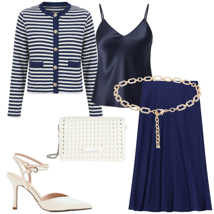 Outfit donna - Bianco e blù intramontabile. Stile Bon Ton per Cerimonia. Abbinamento con gonne longuette, canottiere, décolleté, cardigans, cinture, borse a tracolla.
