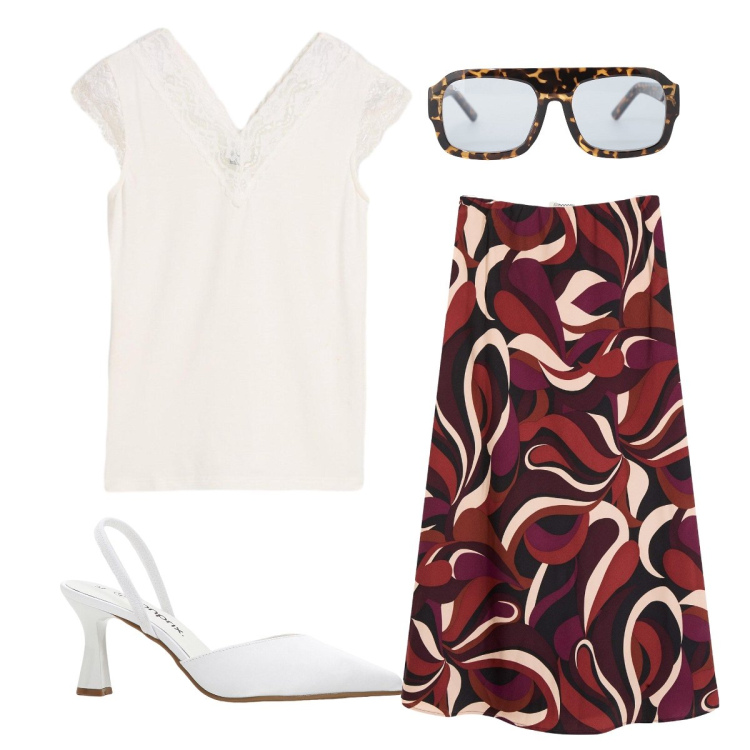 Outfit donna - Evento. Stile Vintage retrò per Cerimonia. Abbinamento con décolleté, gonne longuette, canottiere, occhiali da sole.