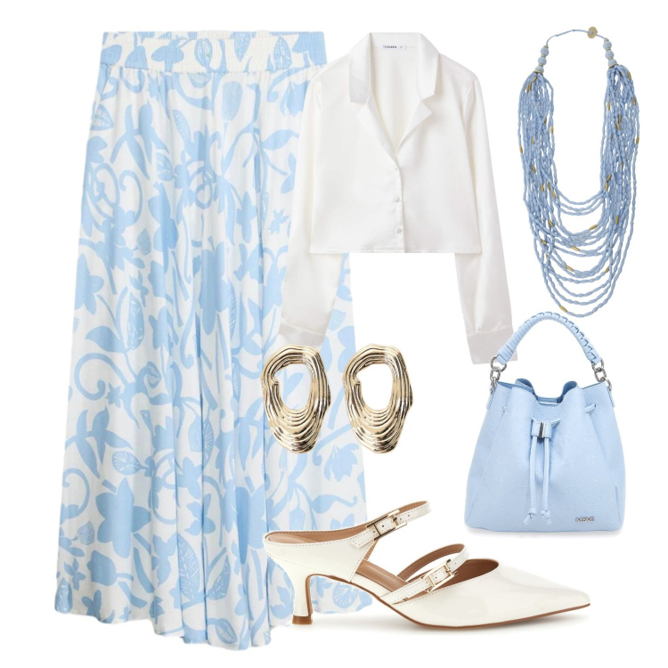Outfit donna - Dettagli curati. Stile Chic per Cerimonia. Abbinamento con gonne lunghe, camicie, collane, orecchini, borse a secchiello, scarpe col tacco.