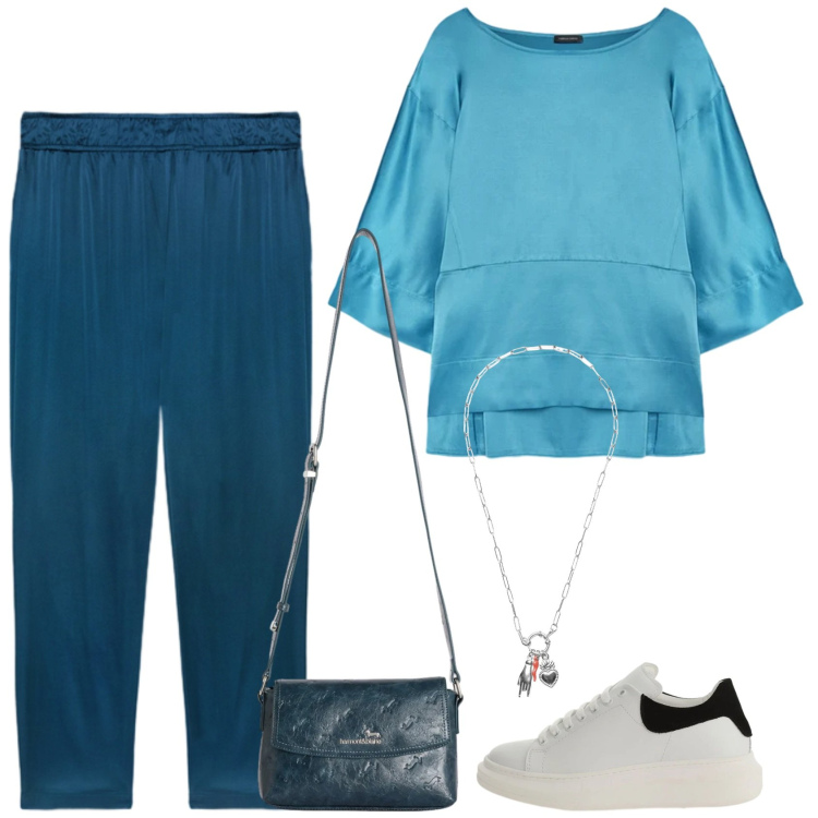 Outfit donna - Casual. Stile Casual per Tutti i giorni. Abbinamento con bluse, pantaloni, borse a tracolla, sneakers, ciondoli.