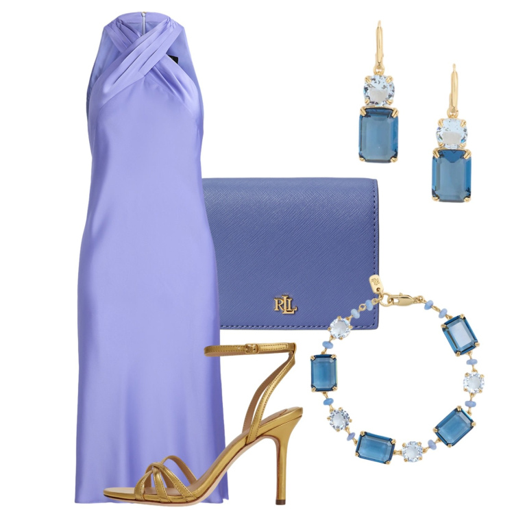 Outfit donna - Color glicine. Stile Glamour per Cerimonia. Abbinamento con vestiti, sandali in pelle, portafogli, orecchini, braccialetti.