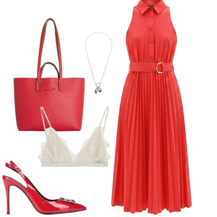 Outfit donna - City. Stile Glamour per Tutti i giorni. Abbinamento con décolleté, reggiseni, vestiti chemisier, shopping bag, ciondoli.