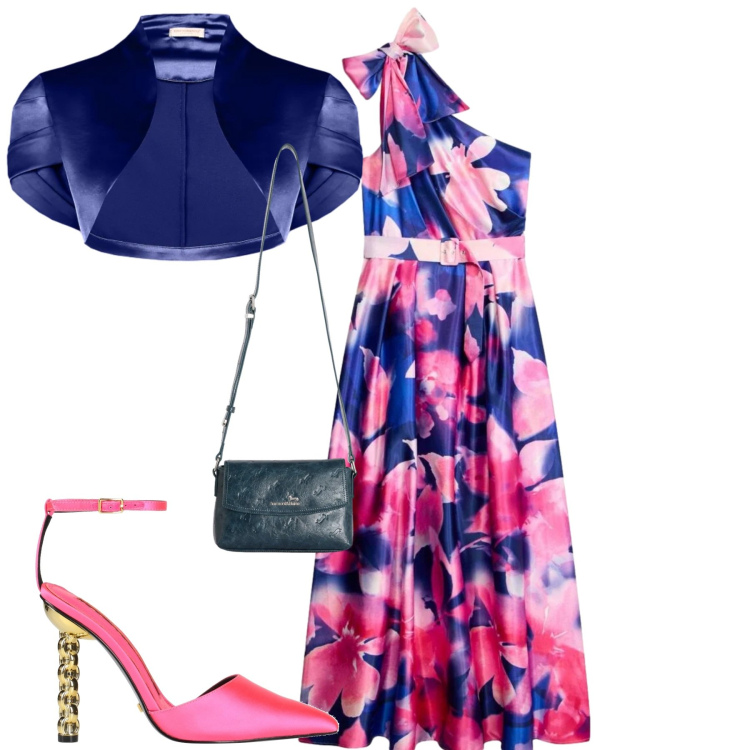 Outfit donna - Cerimonia. Stile Romantica per Cerimonia. Abbinamento con décolleté, vestiti asimmetrici, borse a tracolla, bolero.