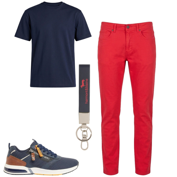 Outfit uomo - City. Stile Urban per Tutti i giorni. Abbinamento con sneakers, portachiavi, t-shirt, pantaloni.