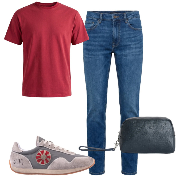 Outfit uomo - City. Stile Casual per Tutti i giorni. Abbinamento con t-shirt, borse sportive, jeans, sneakers.