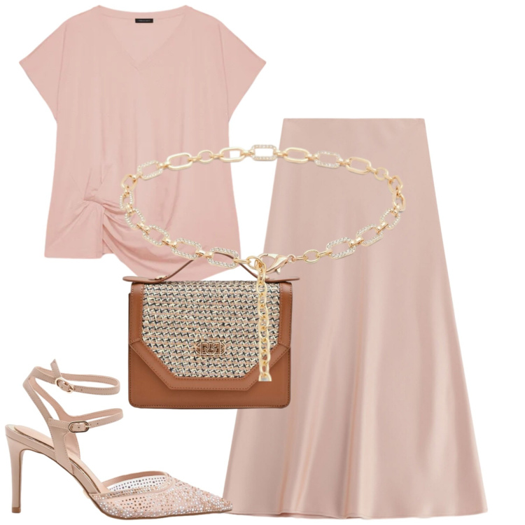 Outfit donna - Simple chic. Stile Chic per Tutti i giorni. Abbinamento con t-shirt, gonne lunghe, pochette, décolleté, cinture.