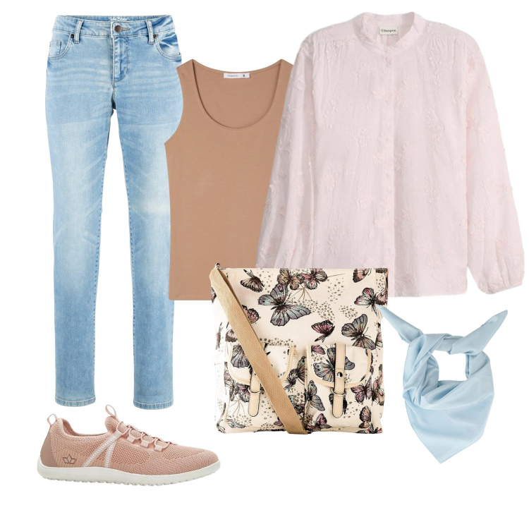 Outfit donna - Volano farfalle. Stile Casual per Tutti i giorni. Abbinamento con jeans dritti, borse a tracolla, sneakers, camicie, top, foulard.