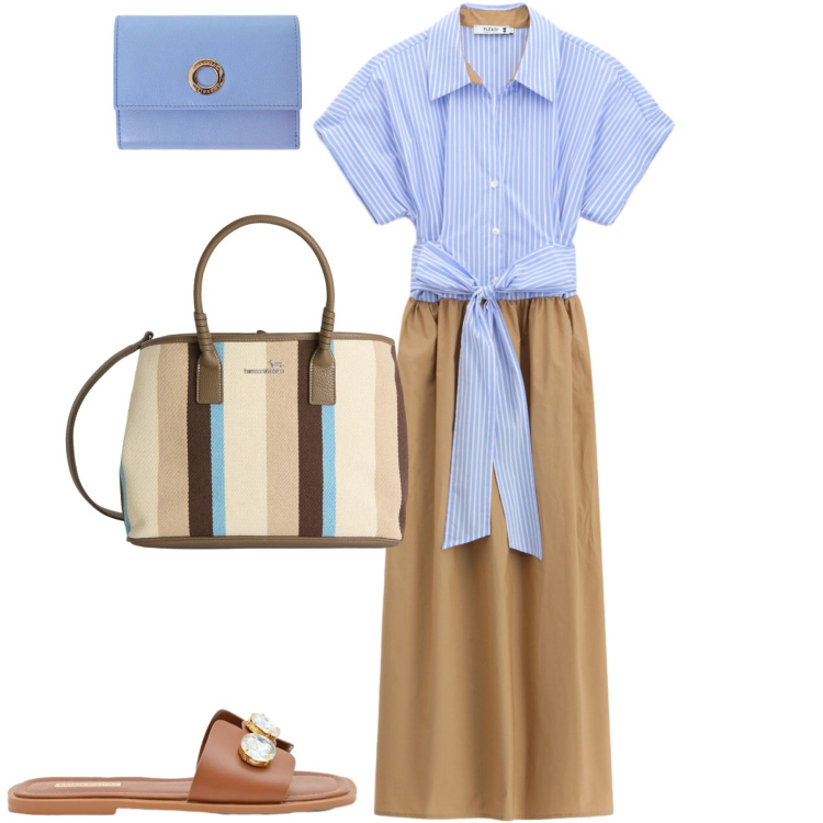 Outfit donna - City. Stile Casual chic per Tutti i giorni. Abbinamento con portafogli, sandali gioiello, vestiti midi/longuette, shopping bag.