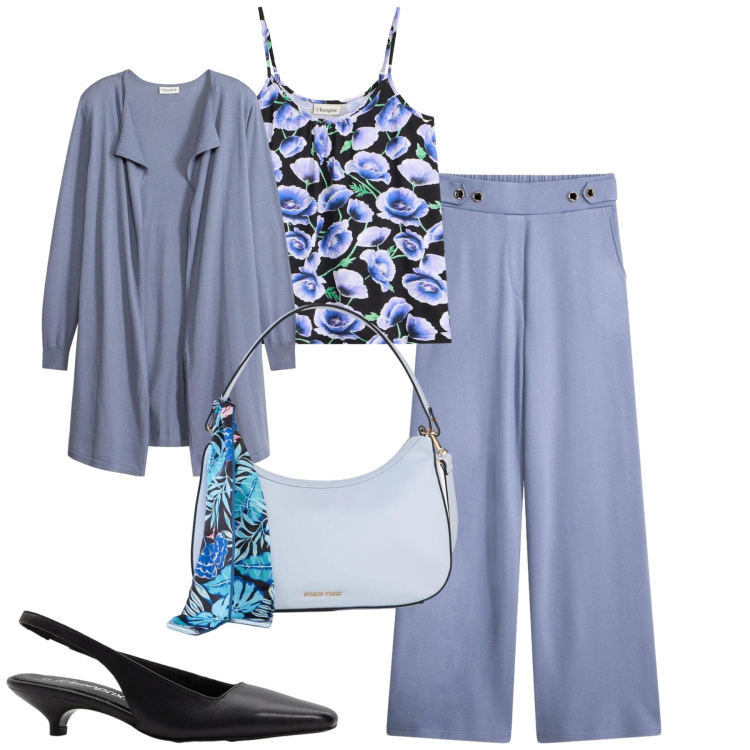 Outfit donna - City. Stile Urban per Tutti i giorni. Abbinamento con pantaloni, cardigans, décolleté, borse a mano, top.