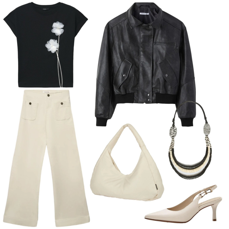 Outfit donna - Black & White. Stile Casual chic per Tutti i giorni. Abbinamento con décolleté, jeans, t-shirt, giacche, collane, borse a spalla.