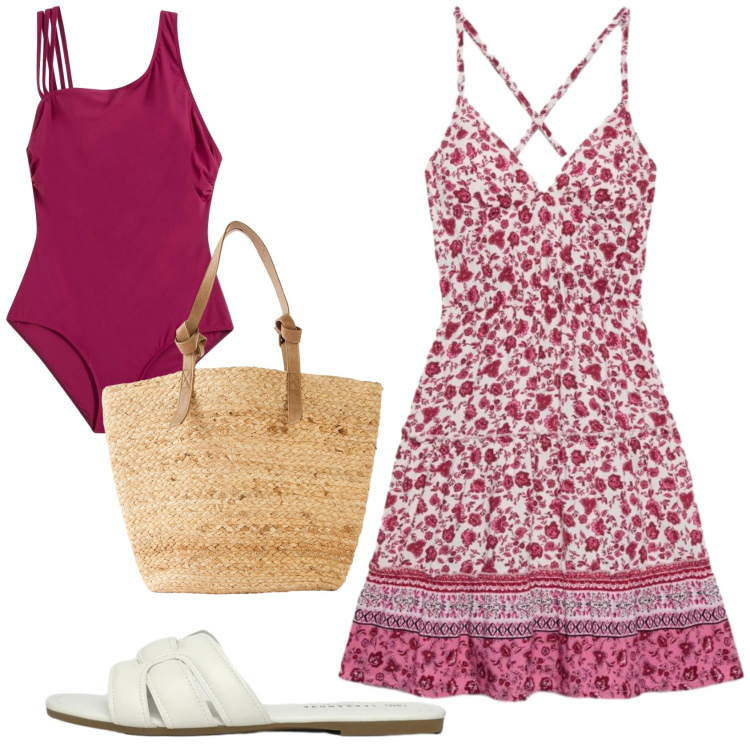 Outfit donna - Total look #2389859. Stile Basic per Mare. Abbinamento con shopping bag, costumi interi, vestiti corti, ciabatte.