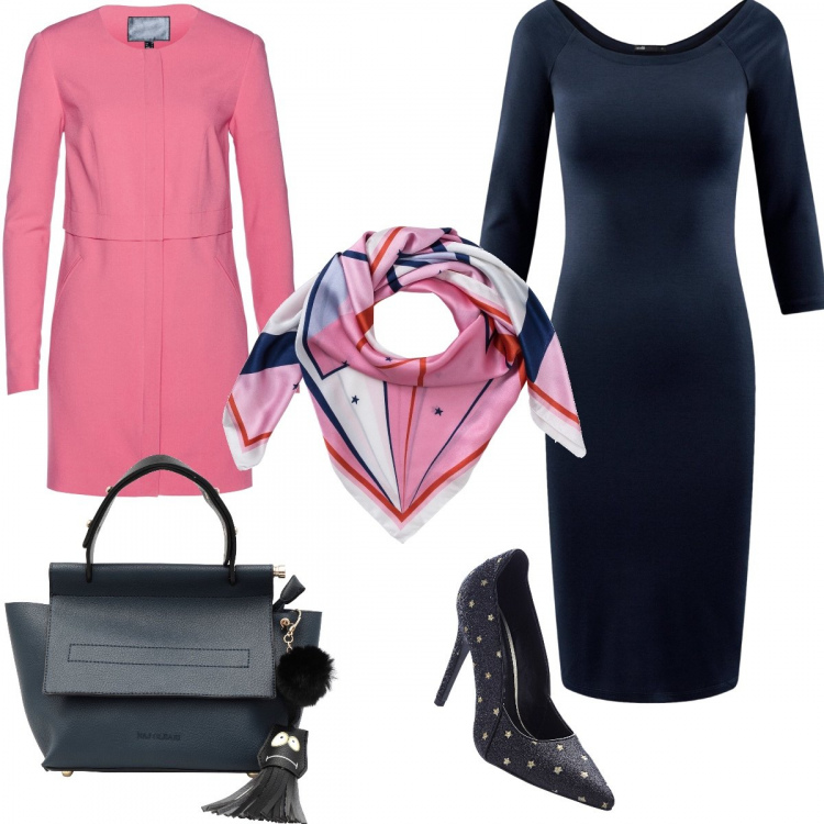 Outfit donna - #mi vesto bene con poco #Stellina#. Stile Bon Ton per Ufficio. Abbinamento con vestiti chemisier, soprabito rosa, sciarpa copricapo fantasia fucsia, borsa a mano mini con manico interno sfoderato in pelle sintetica con nappine, vestito midi con scollo taglia media aderente blu.