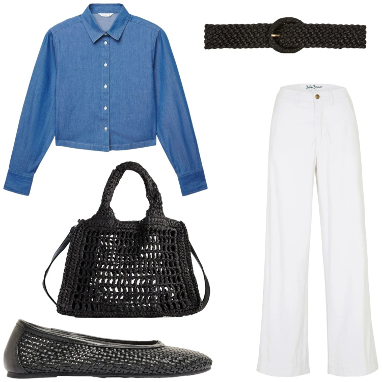 Outfit donna - Total denim e accessori in rafia. Stile Casual chic per Tutti i giorni. Abbinamento con jeans, borse a tracolla, ballerine, cinture, camicie.
