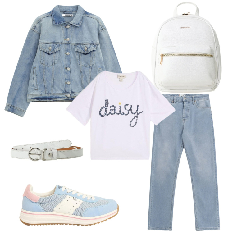 Outfit donna - Bianco e celeste. Stile Urban per Tutti i giorni. Abbinamento con t-shirt, sneakers, cinture, zaini, jeans, blazer.